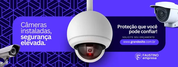 Banner horizontal azul e branco com câmeras de segurança modernas. Texto em destaque: 'Câmeras instaladas, segurança elevada.' e 'Proteção que você pode confiar!'. Inclui um botão para solicitar orçamento e um site.