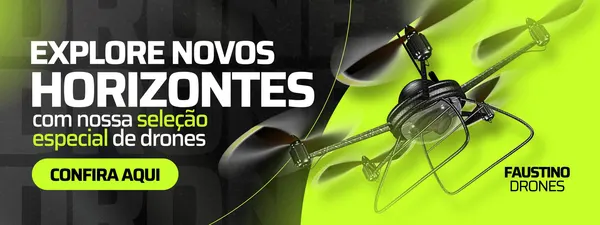 Banner horizontal com fundo preto e detalhes em verde neon. Um drone moderno em destaque voa sobre um fundo com curvas fluidas. O texto principal "EXPLORE NOVOS HORIZONTES" e "com nossa seleção especial de drones" convida à ação com o botão "CONFIRA AQUI".