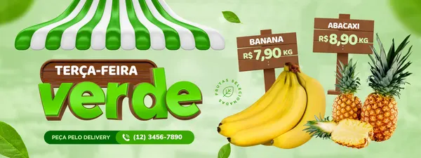 Banner horizontal verde e branco para hortifruti, com destaque para a promoção 'Terça-Feira Verde'. Apresenta imagens de bananas e abacaxis com preços, além de um toldo listrado e folhas verdes, promovendo a oferta e o serviço de delivery.