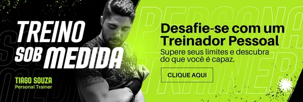 Banner horizontal preto e verde neon com a frase 'Treino Sob Medida' em destaque. Um personal trainer musculoso aparece ao lado, com texto convidando a 'Desafie-se com um Treinador Pessoal' e um botão 'Clique Aqui'.