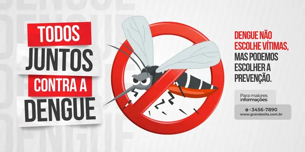 Banner horizontal com fundo cinza claro e elementos em vermelho, preto e branco. Ao centro, um mosquito estilizado dentro de um círculo vermelho de proibido. À esquerda, texto "TODOS JUNTOS CONTRA A DENGUE". À direita, texto sobre prevenção e informações de contato.