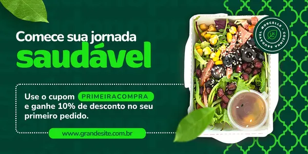 Banner horizontal verde e branco com a frase 'Comece sua jornada saudável' em destaque. Ao lado, uma foto apetitosa de marmita fitness com folhas verdes, milho, azeitonas e grãos. Inclui cupom de desconto e site.