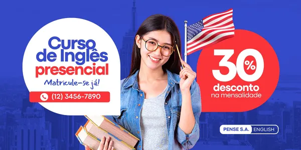 Banner horizontal azul com detalhes em branco e vermelho para curso de inglês presencial. Uma jovem sorri segurando livros, com a bandeira dos EUA e um grande círculo vermelho indicando "30% desconto na mensalidade".