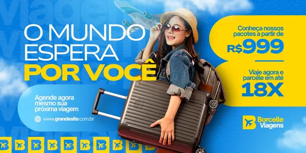 Banner horizontal azul e amarelo com a frase "O mundo espera por você". Uma mulher sorridente com chapéu de palha e óculos de sol segura uma mala. Informações sobre pacotes de viagem a partir de R$999 e parcelamento em 18x.