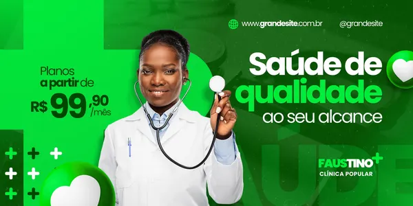 Banner horizontal verde e branco com uma médica sorrindo e segurando um estetoscópio. Texto destaca "Planos a partir de R$ 99,90/mês" e "Saúde de qualidade ao seu alcance".