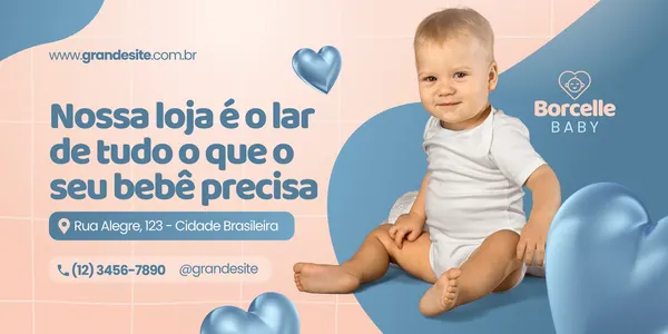 Banner horizontal com fundo bege e azul claro, apresentando um bebê fofo vestindo body branco. O texto 'Nossa loja é o lar de tudo o que o seu bebê precisa' e informações de contato da loja 'Borcelle BABY' em destaque.