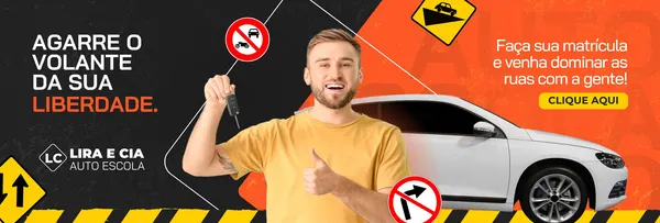 Banner horizontal para autoescola com fundo preto e laranja vibrante. Um homem sorridente segura chaves de carro e faz sinal de positivo, ao lado de um carro branco. Texto principal "AGARRE O VOLANTE DA SUA LIBERDADE" e "Faça sua matrícula e venha dominar as ruas com a gente!".