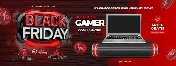 Banner horizontal em tons de preto e vermelho para Black Friday Gamer. Destaca um robô estilizado com a logo 'Black Friday', um notebook gamer com 50% OFF e ícone de frete grátis. Perfeito para promoções de tecnologia e eletrônicos.