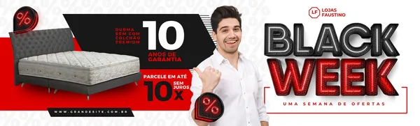 Banner horizontal em preto, vermelho e branco para Black Week de uma loja de colchões. Apresenta um colchão premium, um homem sorrindo indicando a oferta, e o texto 'Black Week' com destaque para '10 anos de garantia' e 'Parcele em até 10x sem juros'.