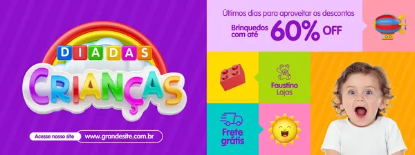 Banner horizontal colorido para o Dia das Crianças com o logo "Dia das Crianças" em 3D, destaque para "60% OFF" em brinquedos, ícones de blocos de montar, frete grátis e um balão de ar quente. Um menino aparece surpreso no canto inferior direito.