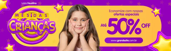 Banner horizontal roxo e amarelo com a frase 'Mês das Crianças' em destaque. Uma menina sorri no centro, com ofertas de 'Até 50% OFF' e um espaço para website. Estrelas decoram a arte.