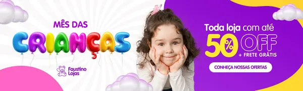 Banner horizontal vibrante para o Mês das Crianças, com a frase 'Mês das Crianças' em balões coloridos e uma menina sorrindo. Ao lado, destaque para 'Toda loja com até 50% OFF + Frete Grátis' e um botão 'Conheça Nossas Ofertas'.