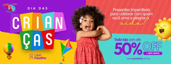 Banner horizontal colorido para o Dia das Crianças, com a palavra 'CRIANÇAS' em blocos vibrantes, uma menina sorrindo, um balão, um helicóptero, um sol sorridente e a promoção 'Até 50% OFF + Frete Grátis'.