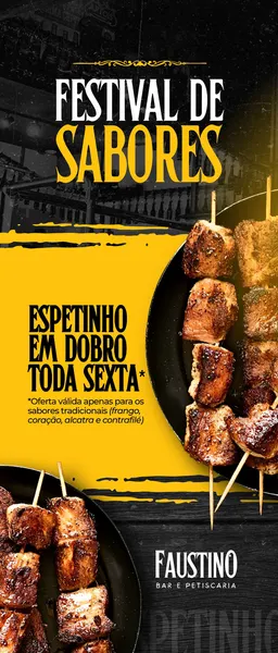 Template de Story para Instagram com fundo preto e amarelo vibrante, destacando espetinhos suculentos. Título 'Festival de Sabores' em destaque, com oferta 'Espetinho em Dobro Toda Sexta'. Ideal para bares e petiscarias anunciarem promoções.