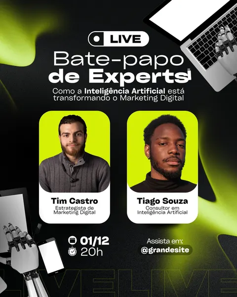 Post de Instagram para live de experts em IA e Marketing Digital. Fundo preto com formas abstratas em verde neon e elementos gráficos futuristas, como uma mão robótica digitando em um laptop e um smartphone. Destaque para dois palestrantes em molduras arredondadas verde-limão, com seus nomes e especialidades. Título "Bate-papo de Experts" em branco, com data, horário e perfil para assistir. Design moderno e tecnológico.