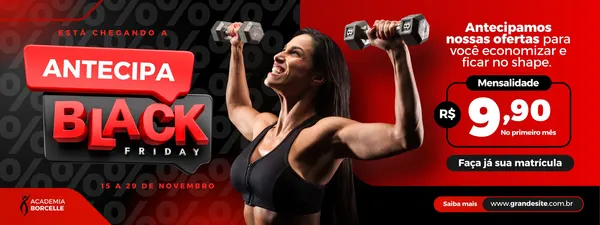 Banner horizontal para academia com fundo vermelho e preto. Destaca a frase 'Antecipa Black Friday' em 3D e uma mulher musculosa levantando halteres. Inclui preço promocional de R$ 9,90 para mensalidade e call to action para matrícula.