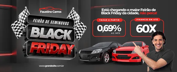Banner horizontal para Black Friday de feirão de carros. Destaca 'Feirão de Seminovos Black Friday' em 3D, com bandeiras quadriculadas, dois carros (preto e vermelho) e um homem sorrindo apontando. Inclui ofertas de taxas e financiamento.