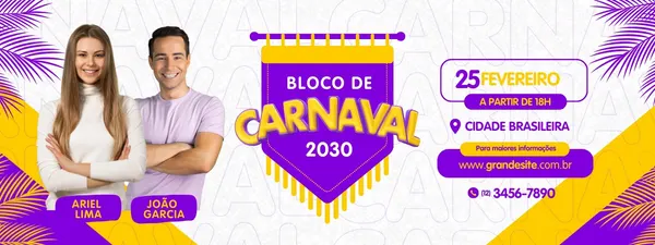 Banner horizontal de Carnaval vibrante com fundo branco, padrões geométricos e folhas de palmeira roxas e amarelas. Apresenta um casal sorridente, uma flâmula roxa e amarela com 'Bloco de Carnaval 2030', e detalhes do evento como data, horário, local, website e telefone. Ideal para divulgação de festas de rua.