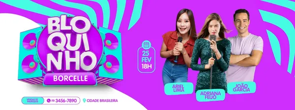 Banner horizontal moderno de Carnaval em tons vibrantes de roxo e azul. Apresenta o título "BLOQUINHO BORCELLE" em 3D com caixas de som. À direita, três pessoas sorrindo, segurando microfones, com seus nomes. Inclui detalhes do evento: data "25 FEV 18H", telefone e local, ideal para divulgação de festas.