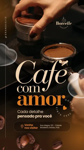 Template de Instagram Story para cafeteria com o tema "Café com Amor". Apresenta uma mão preparando café, grãos de café e texto em tons de marrom e laranja, convidando os clientes a visitar.