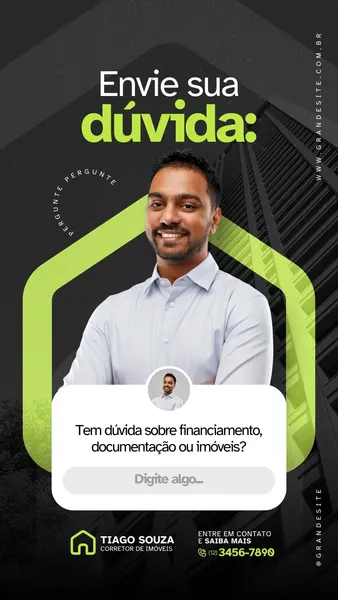 Template de Instagram Story no formato vertical, com fundo escuro e detalhes em verde neon. Um corretor de imóveis sorri no centro, com uma caixa de diálogo simulando uma pergunta sobre financiamento e documentação. O texto principal diz 'Envie sua dúvida'.