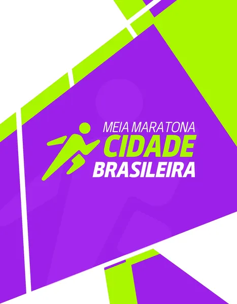 Template de post para redes sociais com fundo roxo e detalhes em verde limão. Apresenta um ícone estilizado de corredor e o texto 'Meia Maratona Cidade Brasileira' em destaque, ideal para divulgar eventos esportivos.
