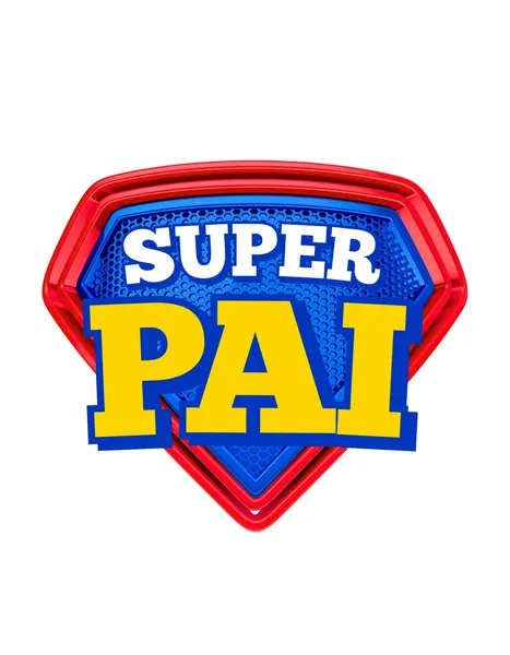 Logo em formato de escudo com as palavras "SUPER PAI" em destaque. O fundo é azul com textura de grade, cercado por um contorno vermelho e azul. As letras "SUPER" são brancas e "PAI" são amarelas, com contorno azul escuro, remetendo a um símbolo de super-herói.