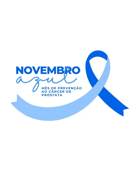Design em tons de azul e branco com a frase 'Novembro Azul Mês de Prevenção ao Câncer de Próstata'. Uma fita estilizada em dois tons de azul simboliza a campanha, transmitindo seriedade e esperança.