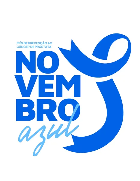 Design para post de Instagram ou Facebook com a frase 'Novembro Azul' em letras grandes e azuis, acompanhada de uma fita de conscientização azul. O texto 'Mês de Prevenção ao Câncer de Próstata' aparece acima.