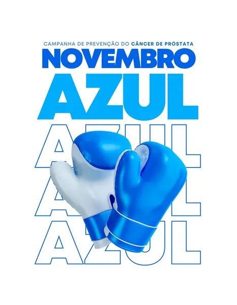 Template de post para redes sociais com o tema Novembro Azul, destacando luvas de boxe azuis e brancas em primeiro plano. O fundo exibe o texto 'Novembro Azul' em letras grandes e azuis, com repetições estilizadas da palavra 'Azul'.