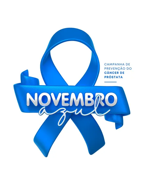 Um laço azul vibrante, símbolo da campanha Novembro Azul, com a inscrição "Novembro Azul" em destaque. Ao lado, o texto "Campanha de Prevenção do Câncer de Próstata". Design limpo e impactante para redes sociais.