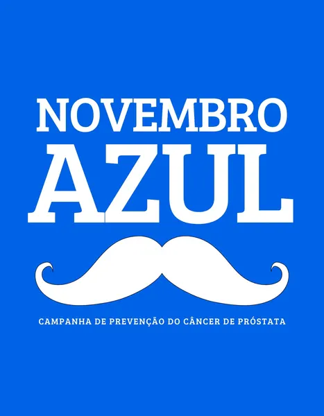 Template de camiseta com fundo azul vibrante e texto branco 'Novembro Azul' em destaque. Abaixo, um bigode branco estilizado e a frase 'Campanha de Prevenção do Câncer de Próstata'. Design limpo e direto para conscientização.