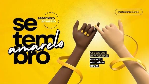 Banner horizontal com fundo amarelo vibrante e o texto "Setembro Amarelo" em destaque. Duas mãos se unem pelo dedo mínimo, simbolizando união e apoio. Uma fita amarela envolve as mãos, reforçando a mensagem de campanha de prevenção ao suicídio e saúde mental.