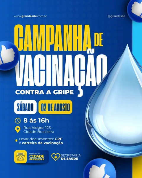 Post para Instagram anunciando campanha de vacinação contra a gripe, promovida pela prefeitura. O design azul e amarelo destaca o título, data, horário e endereço, com ícones de gota d'água e polegar para cima.