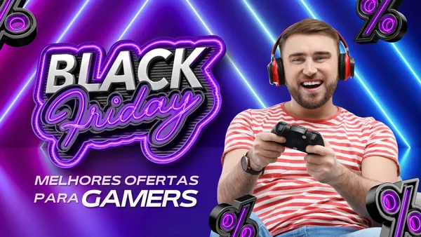 Miniatura de YouTube para Black Friday gamer. Um homem sorridente com fones de ouvido vermelhos joga videogame. O design vibrante exibe 'BLACK FRIDAY' em neon roxo e 'MELHORES OFERTAS PARA GAMERS'. Fundo escuro com linhas de luz neon azul e roxa e símbolos de porcentagem, ideal para promoções de jogos.
