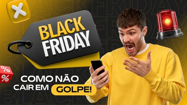 Miniatura de YouTube vibrante em preto e amarelo para Black Friday. A imagem mostra um homem chocado olhando o celular, uma tag preta com "BLACK FRIDAY" em destaque, uma sirene vermelha de alerta e o texto "COMO NÃO CAIR EM GOLPE!". O fundo escuro tem padrões sutis de "BLACK FRIDAY", com elementos gráficos de "X" e porcentagem.