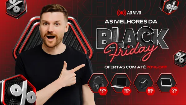 Miniatura de vídeo Black Friday em preto e vermelho. Um homem sorridente aponta para o texto 'BLACK Friday' e 'OFERTAS COM ATÉ 70% OFF'. Ícones de eletrônicos como fones, laptop, smartwatch e tablet exibem descontos. O design inclui elementos hexagonais e selo 'AO VIVO', ideal para promoções e lives de e-commerce e varejo.