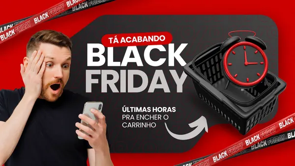 Miniatura de YouTube vibrante para Black Friday, com fundo vermelho e detalhes em preto. Um homem surpreso olha para o celular, enquanto um carrinho de compras e um despertador vermelho simbolizam a urgência das 'últimas horas'. O texto 'BLACK FRIDAY' em destaque e 'Últimas horas pra encher o carrinho' reforçam a chamada para ação, ideal para promoções de e-commerce.