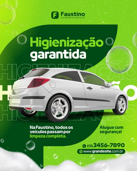 Post para Instagram em tons de verde e branco, com um carro hatch branco. O design moderno inclui bolhas de sabão e espuma, transmitindo limpeza. O texto 'Higienização garantida' e 'Alugue com segurança!' reforça o cuidado da locadora de veículos com a qualidade e segurança.