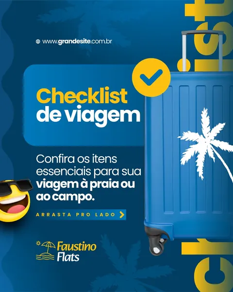 Post de carrossel para Instagram com tema de viagem em tons de azul e amarelo. Apresenta uma mala de viagem azul, um ícone de checklist com visto verde, e silhuetas de coqueiros. O design moderno inclui um emoji de óculos de sol e texto 'Checklist de viagem', 'Arrasta pro lado', ideal para empresas de aluguel de flats ou turismo.