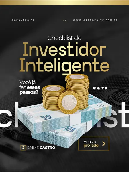 Template de carrossel para Instagram com tema de finanças. Apresenta pilhas de dinheiro (notas de 100 reais) e moedas douradas sobre fundo preto com detalhes dourados. Título 'Checklist do Investidor Inteligente' em destaque. Ideal para assessores de investimento.