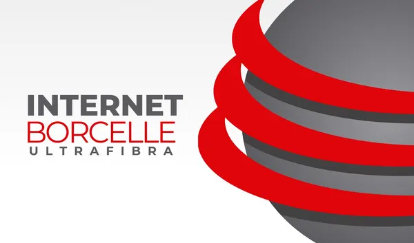 Banner horizontal com fundo branco e cinza, apresentando o logo 'INTERNET BORCELLE ULTRA FIBRA' em destaque. Um elemento gráfico abstrato em vermelho e cinza em espiral adiciona dinamismo ao design, ideal para comunicação visual de provedores de internet.