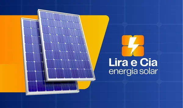 Banner horizontal para empresa de energia solar, com fundo azul escuro em padrão quadriculado, apresentando duas placas de energia solar em destaque. Um elemento gráfico em amarelo vibrante e o logo da empresa com o nome "Lira e Cia energia solar" completam o design.