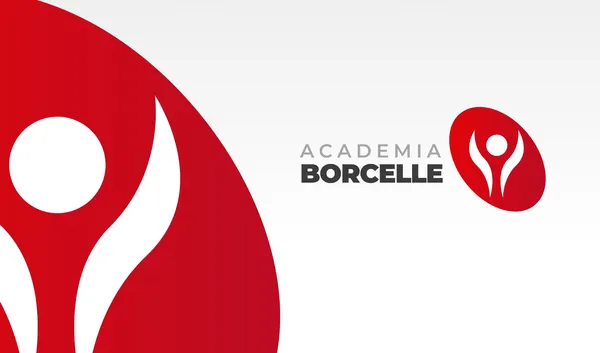 Banner horizontal com design minimalista para academia, apresentando um grande elemento curvo vermelho à esquerda e o logo da 'Academia Borcelle' à direita, com um ícone de pessoa com braços erguidos. Predominam as cores branco, cinza e vermelho.