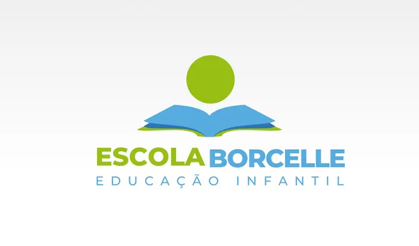 Close-up de um logo minimalista para uma escola infantil. O símbolo central é um livro aberto azul com uma figura humana verde acima. Abaixo, o nome "ESCOLA BORCELLE" em verde e azul, com "EDUCAÇÃO INFANTIL" em azul claro.