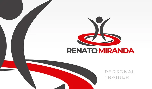 Cartão de visita horizontal para personal trainer, com fundo branco, detalhes em vermelho e cinza escuro. Apresenta um ícone estilizado de uma pessoa com braços erguidos e o nome 'RENATO MIRANDA PERSONAL TRAINER'.