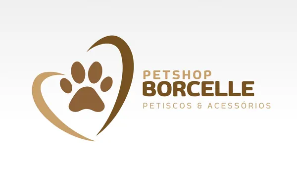 Template de cartão de visita com logo de pet shop. Um coração estilizado envolve uma pata de cachorro em tons de marrom e bege. Ao lado, o nome 'PETSHOP BORCELLE' e 'PETISCOS & ACESSÓRIOS' em tipografia elegante. Fundo branco.
