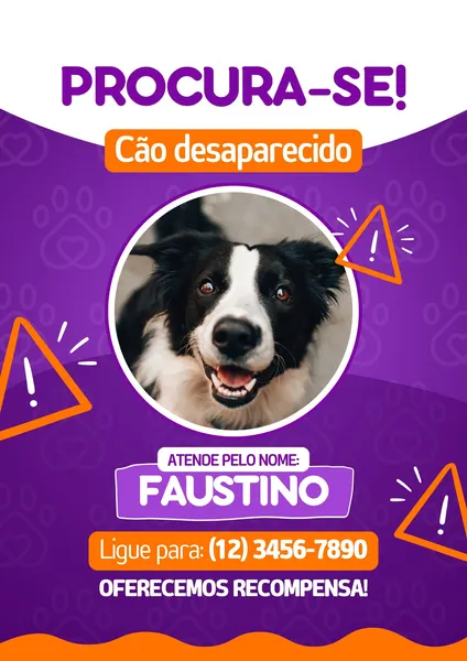 Cartaz de 'Procura-se Cão Desaparecido' em tons de roxo, laranja e branco. Destaca a foto de um cachorro border collie sorridente, com o nome 'Faustino' e um número de telefone. Símbolos de alerta e patinhas decoram o fundo.