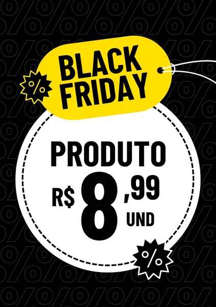 Template de Black Friday moderno em preto, amarelo e branco. Destaque para etiqueta amarela com 'BLACK FRIDAY' e círculo branco central exibindo 'PRODUTO' e 'R$ 8,99 UND'. Fundo com padrão de porcentagens. Ideal para posts de redes sociais e cartazes de promoções e descontos de produtos.