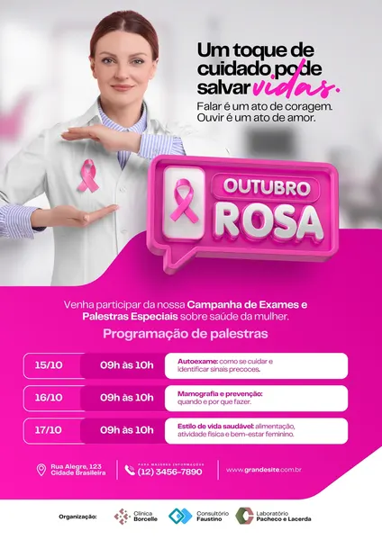 Um template de divulgação para Outubro Rosa em tons de rosa e branco. Apresenta uma profissional de saúde sorrindo, vestindo jaleco e segurando um laço rosa. O design inclui um balão de fala 3D com 'Outubro Rosa' e uma programação de palestras sobre autoexame, mamografia e estilo de vida saudável, com campos para contato e logos de parceiros, ideal para campanhas de saúde.